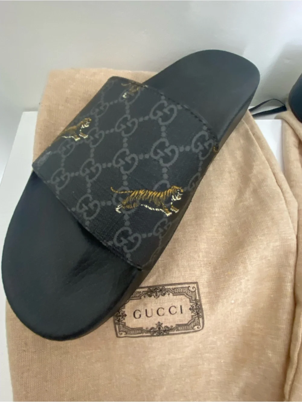 Authentic Gucci Black GG Monogram Men Slide Sandals with Embroidered Gold Tigers